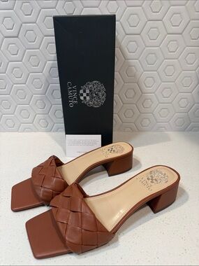 Vince Camuto Semtera Barn Brown Woven Eco Sheep Leather Block Heel Mules